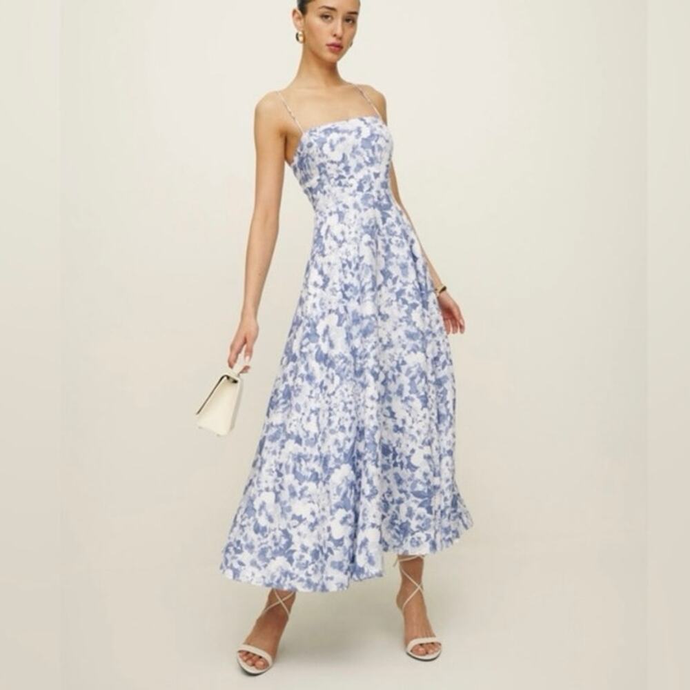 Reformation Monette Blue and White Floral Midi Dress size 4